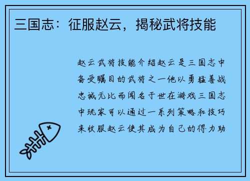 三国志：征服赵云，揭秘武将技能