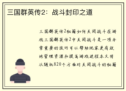 三国群英传2：战斗封印之道